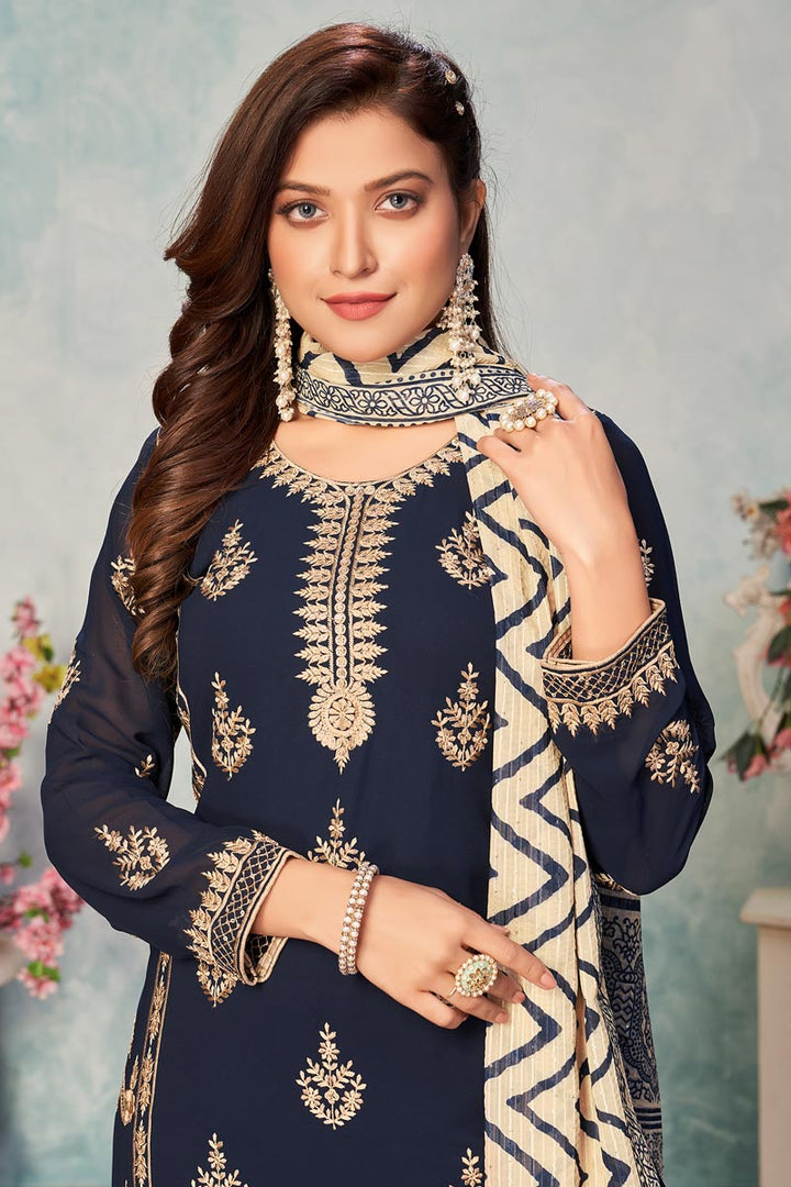 Navy Blue Color Festival Wear Beautiful Salwar Kameez In Georgette Fabric