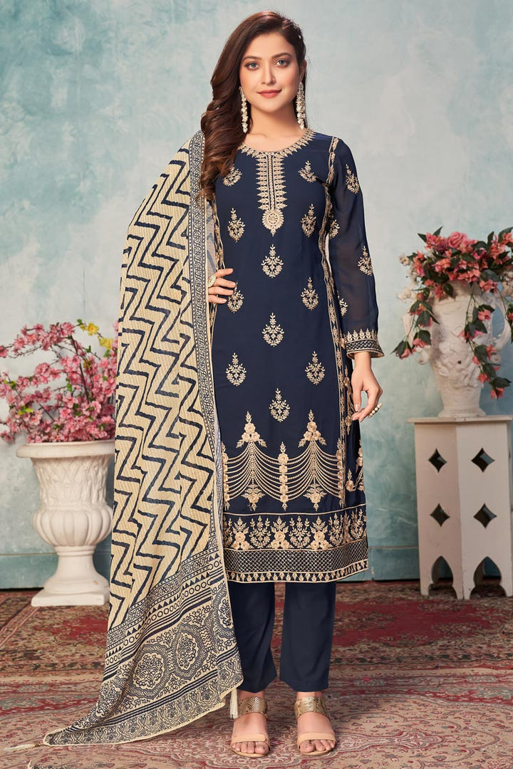 Navy Blue Color Festival Wear Beautiful Salwar Kameez In Georgette Fabric