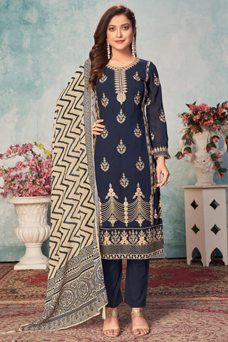 Navy Blue Color Festival Wear Beautiful Salwar Kameez In Georgette Fabric