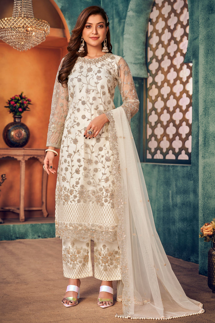 Off White Color Function Wear Embroidered Long Straight Cut Salwar Suit In Net Fabric