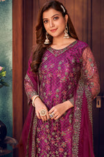 Load image into Gallery viewer, Festive Wear Embroidered Net Fabric Long Straight Cut Suit In Magenta Color