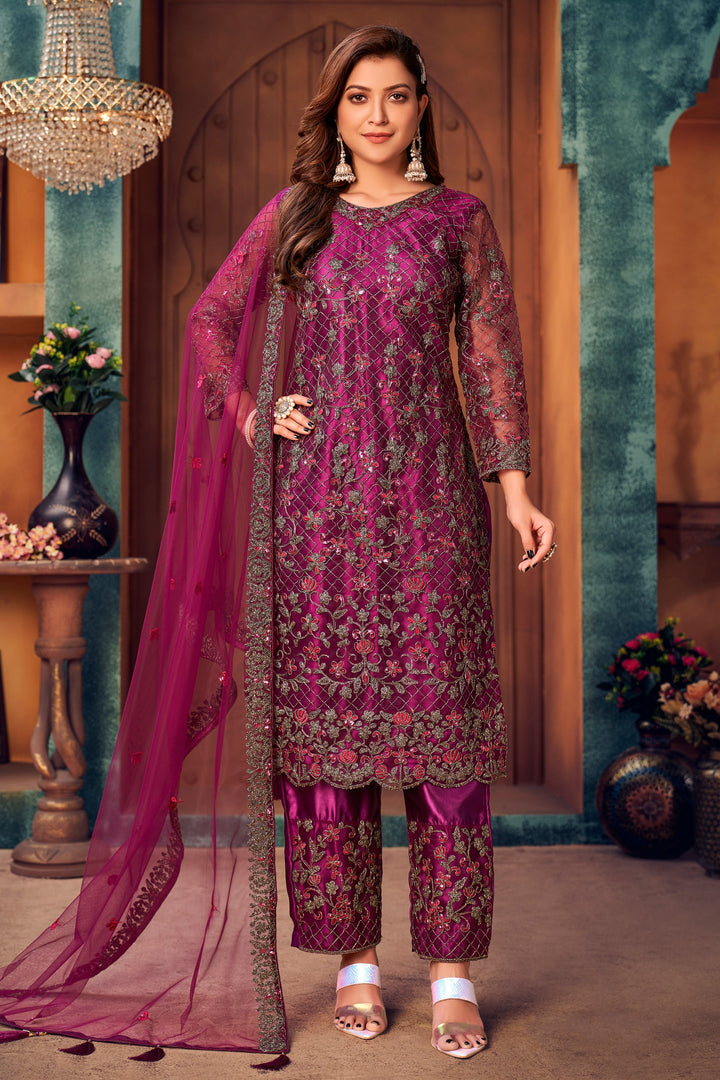 Festive Wear Embroidered Net Fabric Long Straight Cut Suit In Magenta Color