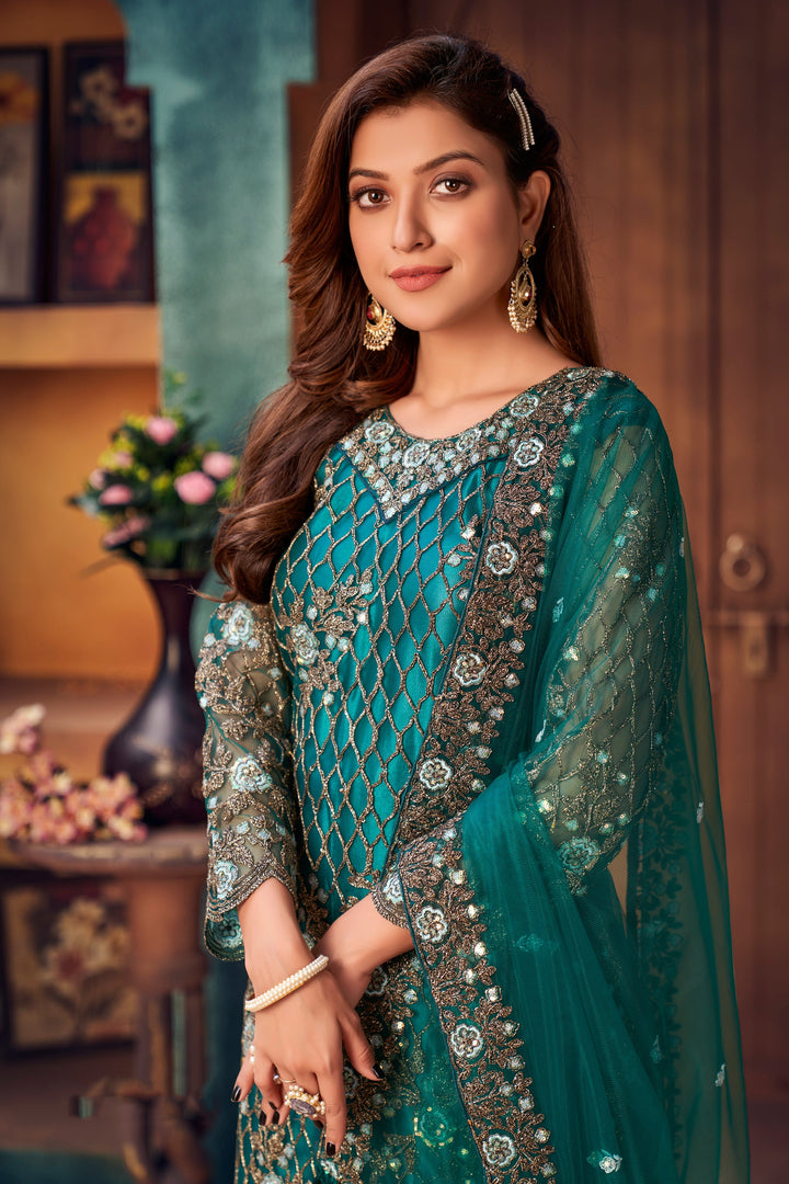 Net Fabric Fancy Embroidered Function Wear Long Straight Cut Salwar Kameez In Teal Color