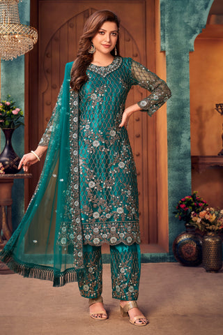 Net Fabric Fancy Embroidered Function Wear Long Straight Cut Salwar Kameez In Teal Color