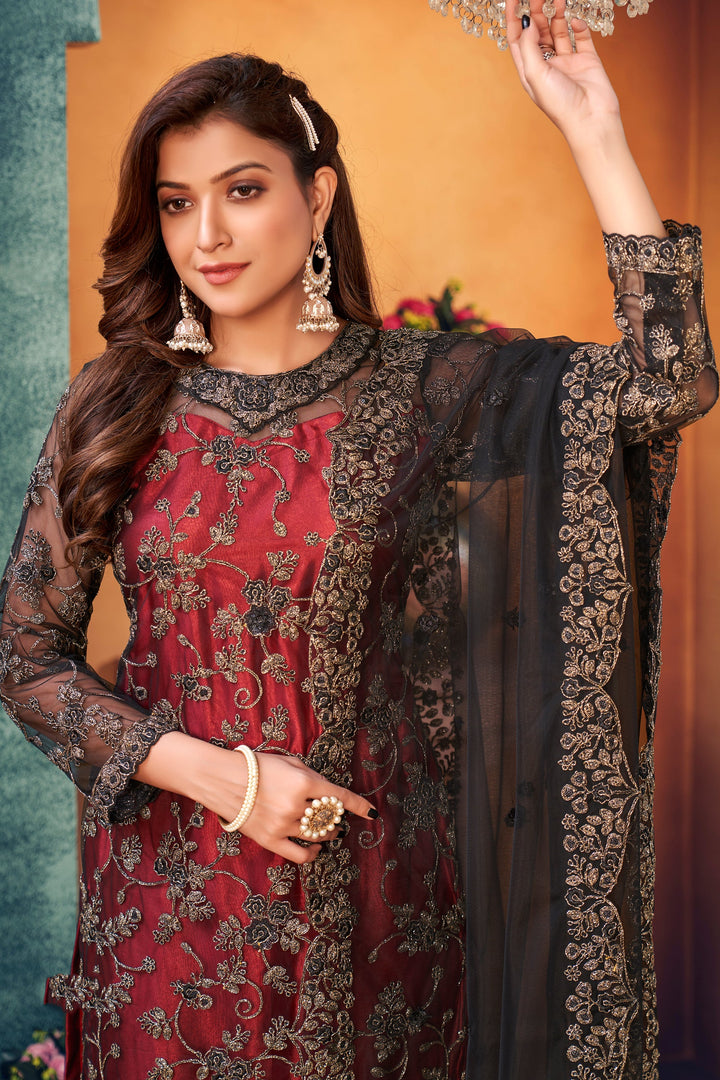 Maroon Color Festive Wear Embroidered Long Straight Cut Salwar Suit In Net Fabric