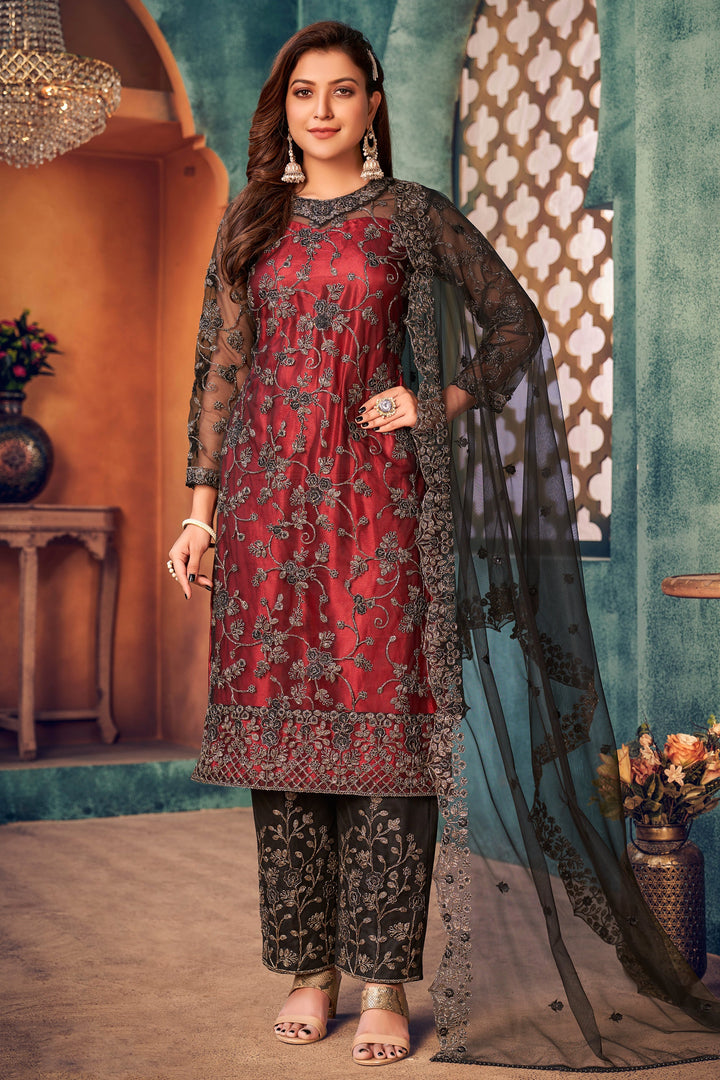 Maroon Color Festive Wear Embroidered Long Straight Cut Salwar Suit In Net Fabric