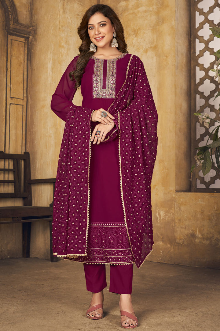 Georgette Fabric Burgundy Color Festival Wear Enthralling Salwar Suit With Embroidered Work