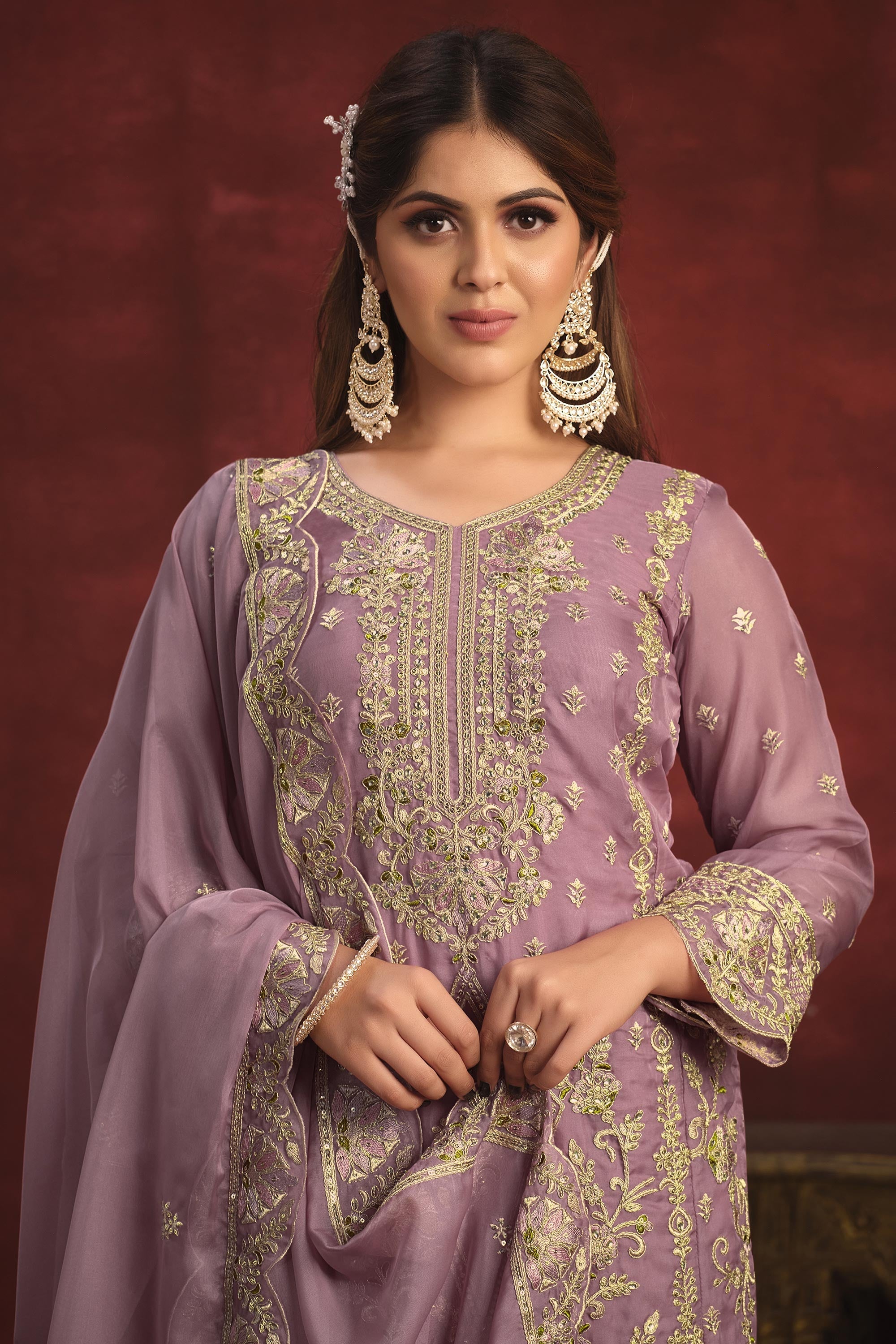 Lavender Color Wedding Wear Organza Fabric Embroidered Designer Long Salwar Suit