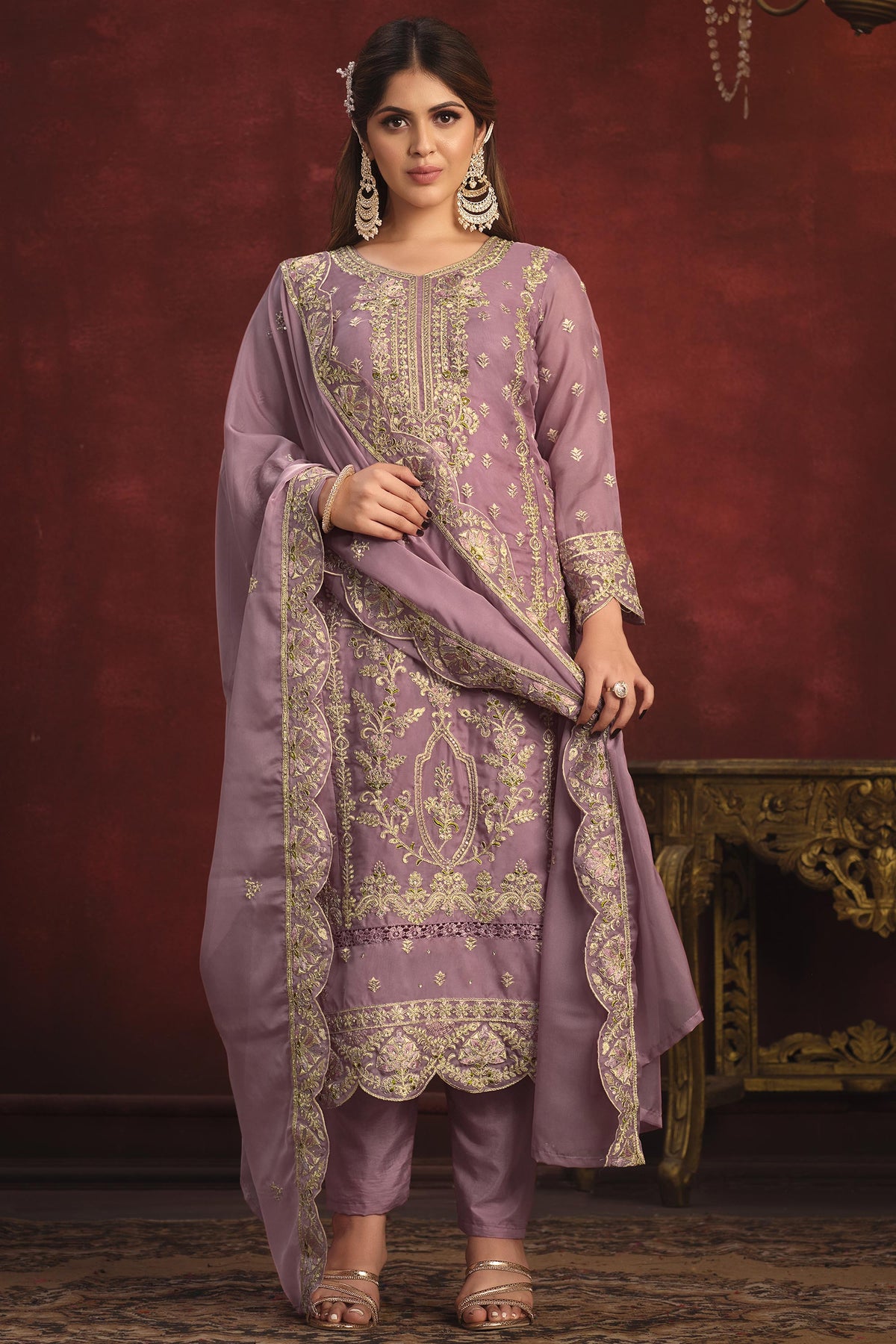 Lavender Color Wedding Wear Organza Fabric Embroidered Designer Long Salwar Suit