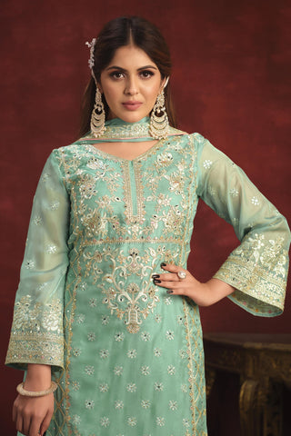 Organza Fabric Sea Green Color Embroidered Function Wear Designer Long Salwar Suit