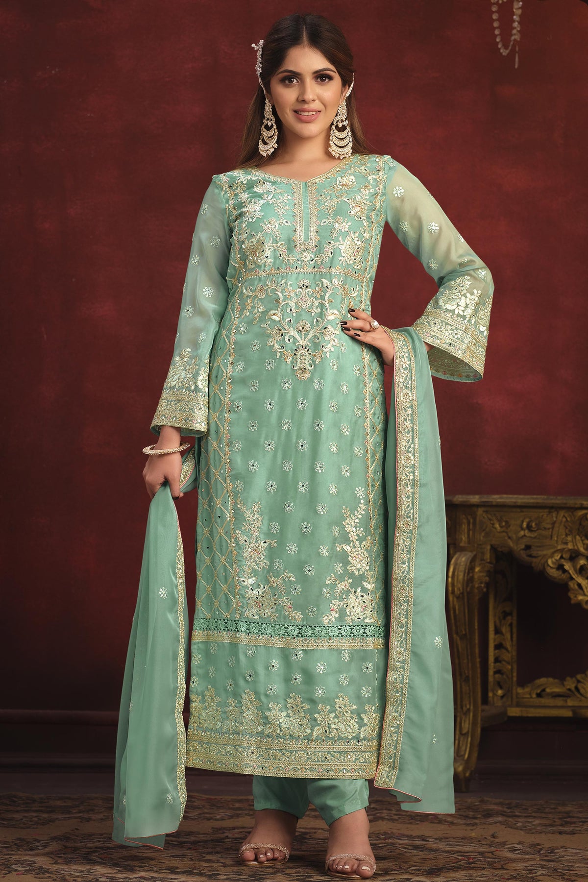 Organza Fabric Sea Green Color Embroidered Function Wear Designer Long Salwar Suit