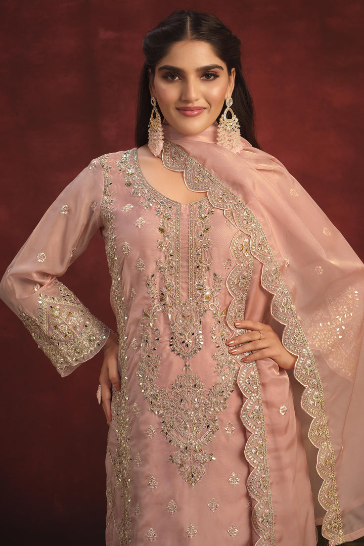 Pink Color Festive Wear Organza Fabric Embroidered Designer Long Salwar Kameez