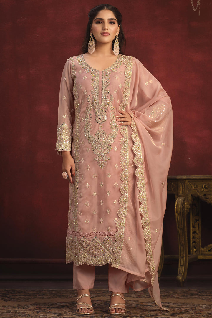 Pink Color Festive Wear Organza Fabric Embroidered Designer Long Salwar Kameez