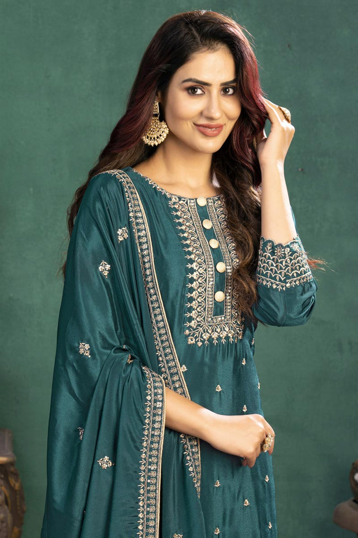 Festive Wear Teal Color Embroidered Straight Cut Suit In Art Silk Fabric