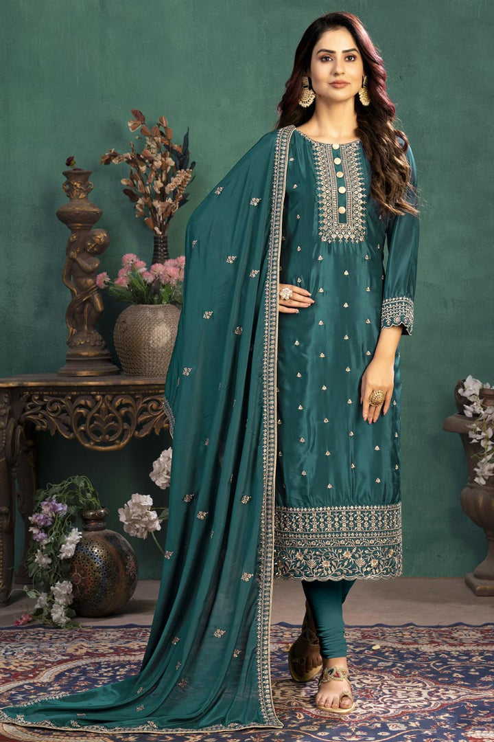 Festive Wear Teal Color Embroidered Straight Cut Suit In Art Silk Fabric