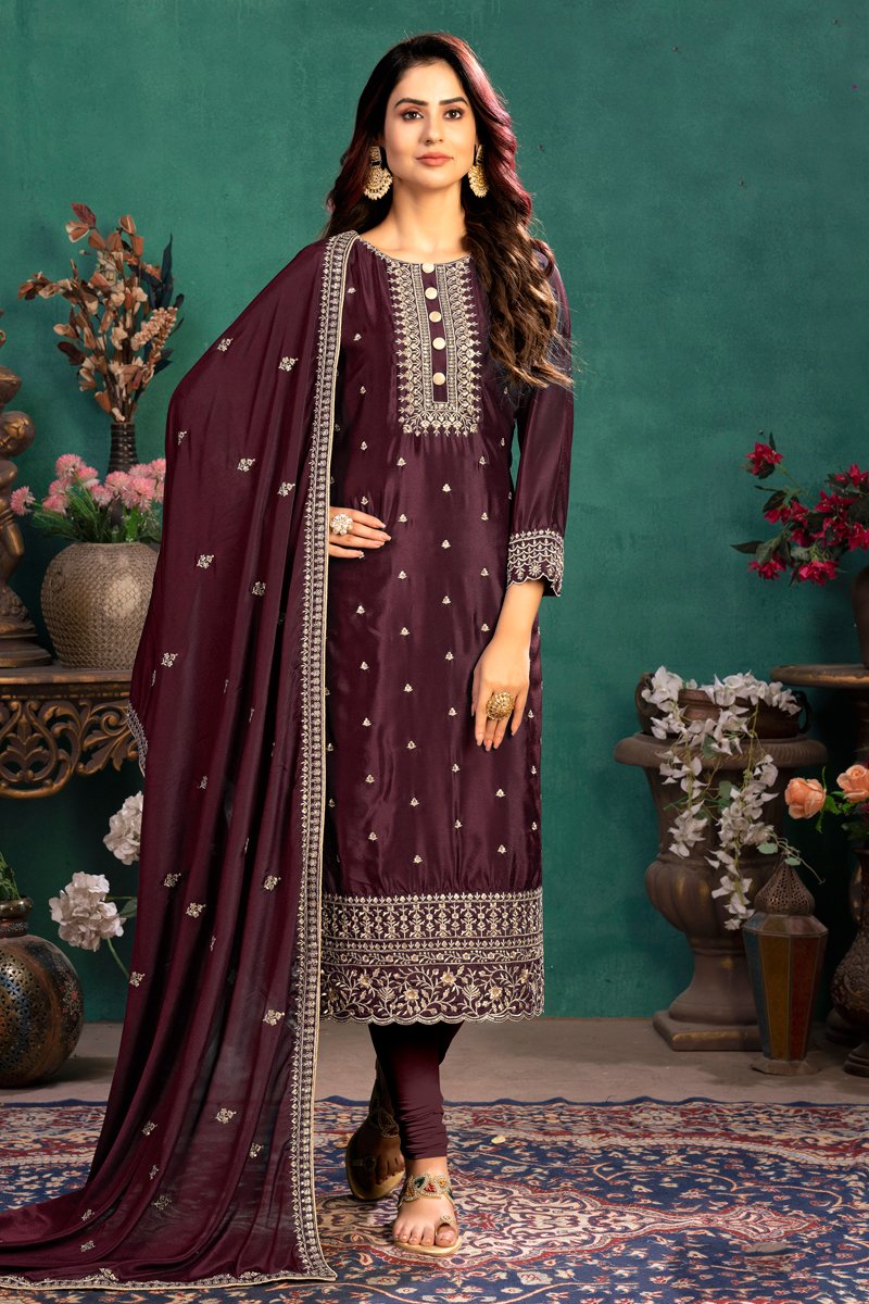 Brown Color Festive Wear Embroidered Art Silk Fabric Straight Cut Dress | Buy Online India