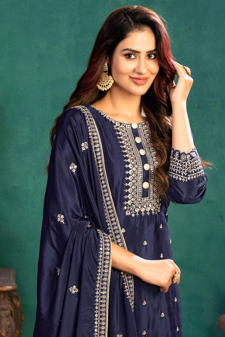 Festive Wear Navy Blue Color Embroidered Straight Cut Art Silk Fabric Dress