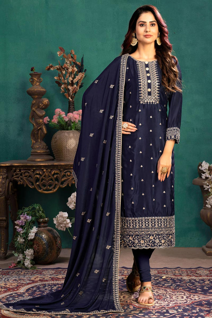 Festive Wear Navy Blue Color Embroidered Straight Cut Art Silk Fabric Dress