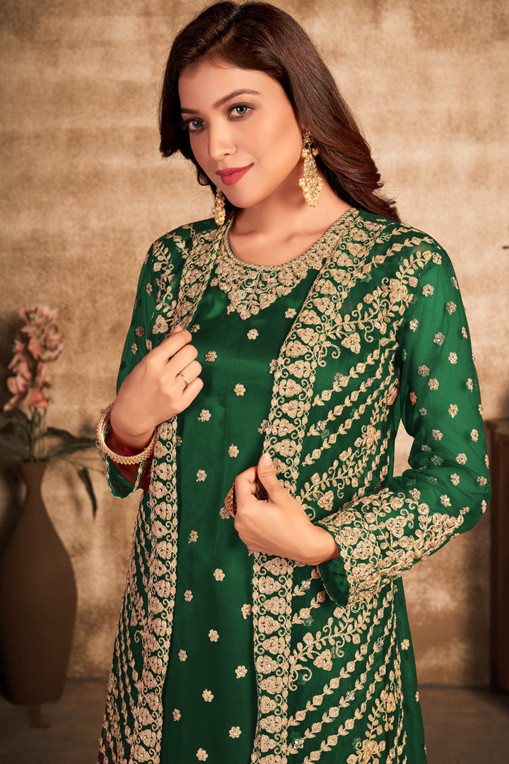 Dark Green Color Net Fabric Festive Wear Embroidered Designer Salwar Suit