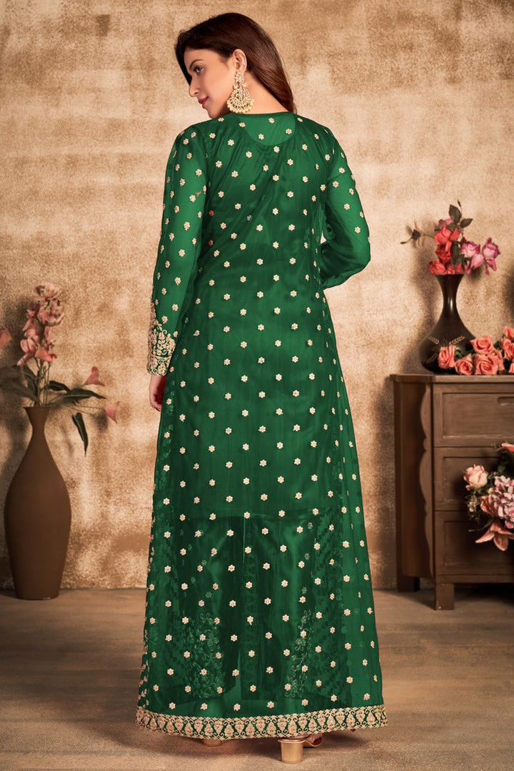 Dark Green Color Net Fabric Festive Wear Embroidered Designer Salwar Suit