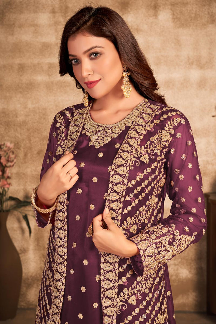 Net Fabric Festive Wear Embroidered Wine Color Designer Salwar Suit