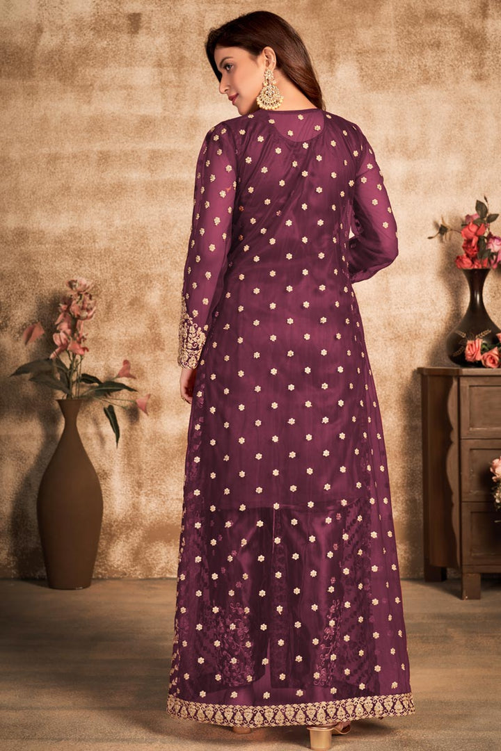 Net Fabric Festive Wear Embroidered Wine Color Designer Salwar Suit