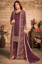 Load image into Gallery viewer, Net Fabric Festive Wear Embroidered Wine Color Designer Salwar Suit
