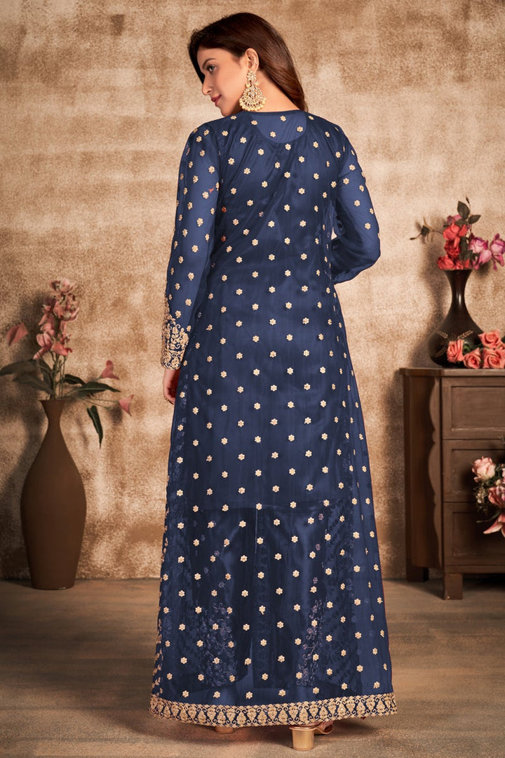 Net Fabric Function Wear Embroidered Navy Blue Color Designer Salwar Suit
