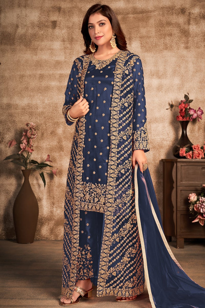 Net Fabric Function Wear Embroidered Navy Blue Color Designer Salwar Suit