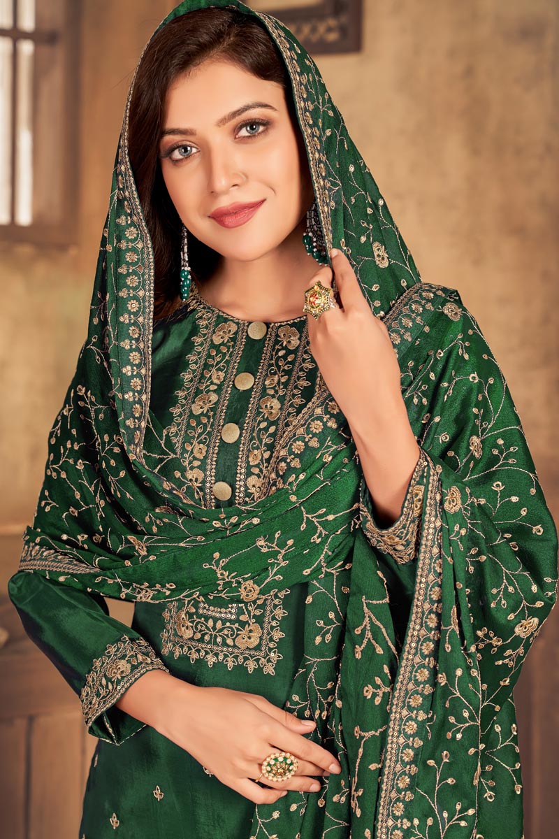 Festive Wear Viscose Fabric Dark Green Embroidered Straight Cut Suit