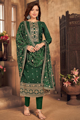 Festive Wear Viscose Fabric Dark Green Embroidered Straight Cut Suit