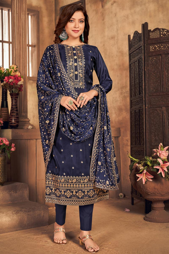 Viscose Fabric Festive Wear Navy Blue Embroidered Straight Cut Suit