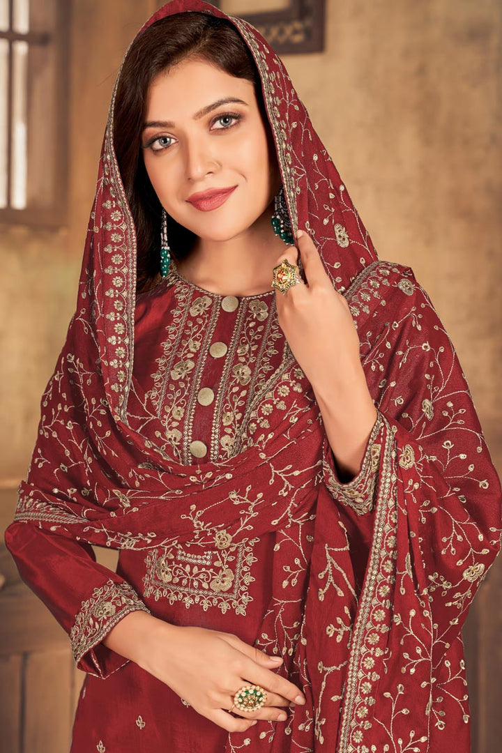 Maroon Festive Wear Viscose Fabric Embroidered Straight Cut Dress