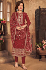 Load image into Gallery viewer, Maroon Festive Wear Viscose Fabric Embroidered Straight Cut Dress
