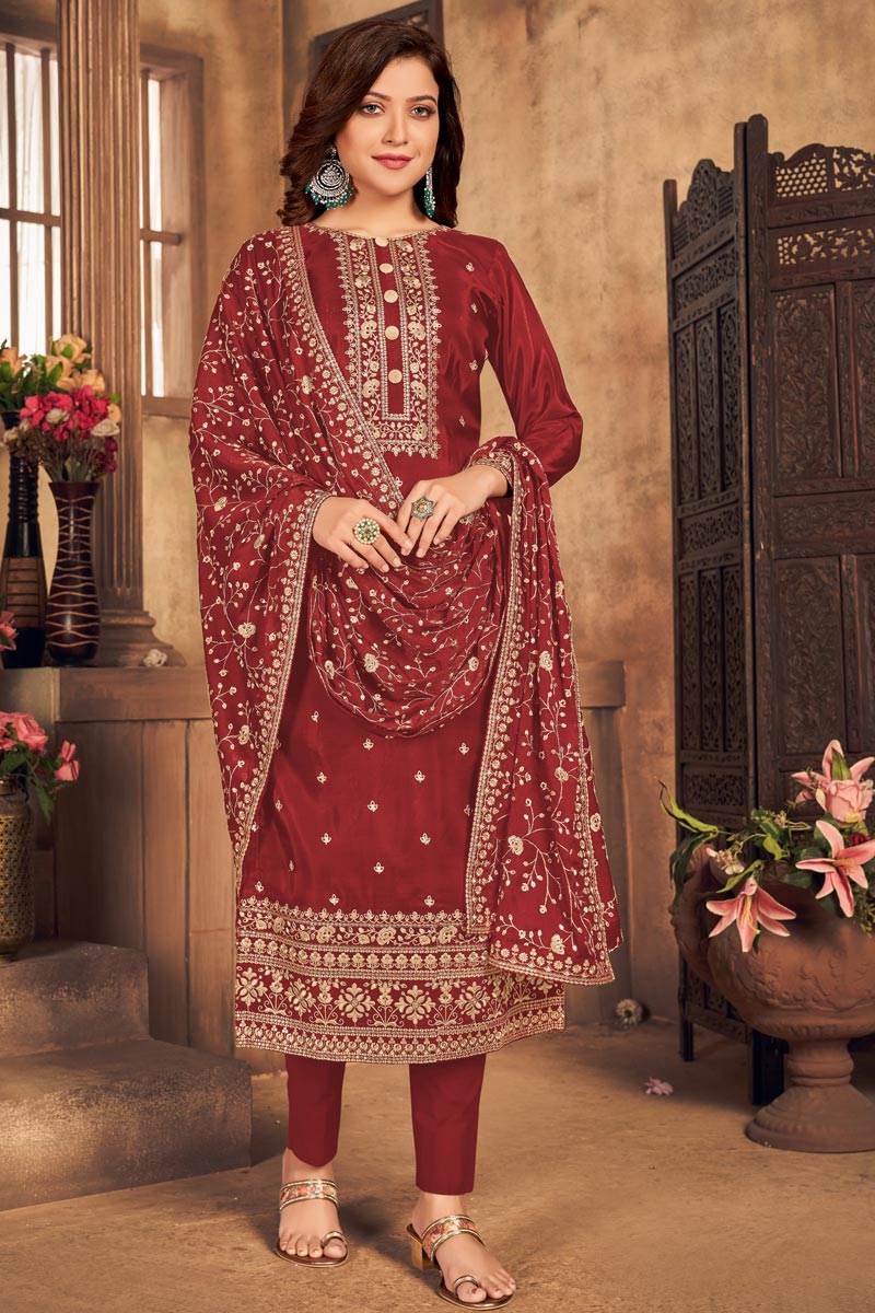 Maroon Festive Wear Viscose Fabric Embroidered Straight Cut Dress
