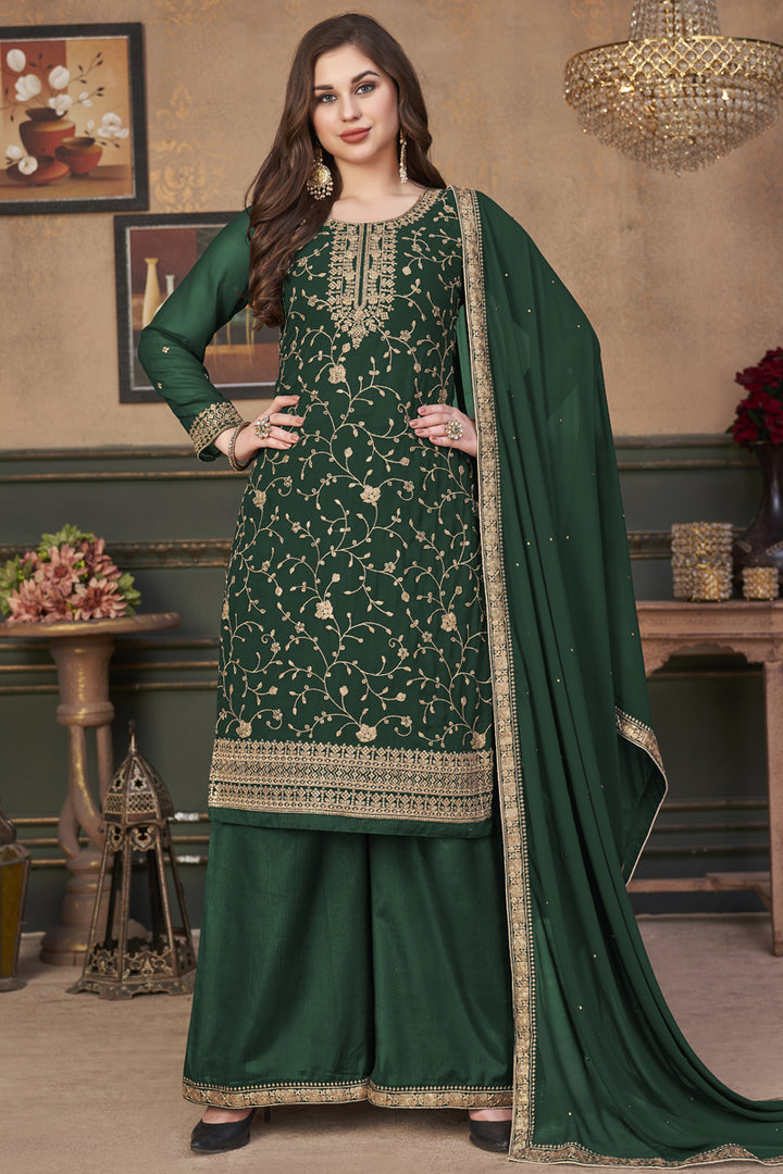 Elegant Embroidered Work Dark Green Color Georgette Fabric Festival Wear Palazzo Suit