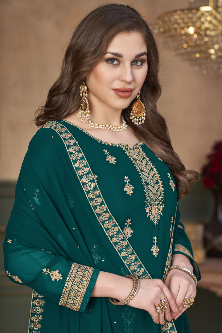 Teal Color Georgette Fabric Festive Wear Embroidered Exquisite Palazzo Suit