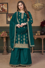Load image into Gallery viewer, Teal Color Georgette Fabric Festive Wear Embroidered Exquisite Palazzo Suit
