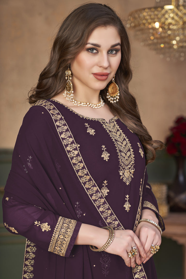 Georgette Fabric Festive Wear Embroidered Glamorous Palazzo Suit In Purple Color