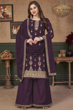 Load image into Gallery viewer, Georgette Fabric Festive Wear Embroidered Glamorous Palazzo Suit In Purple Color
