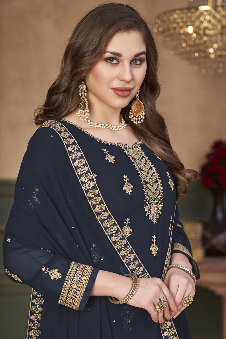 Festive Wear Georgette Fabric Navy Blue Color Embroidered Brilliant Palazzo Suit