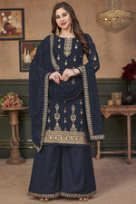 Load image into Gallery viewer, Festive Wear Georgette Fabric Navy Blue Color Embroidered Brilliant Palazzo Suit
