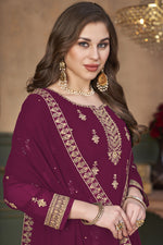 Load image into Gallery viewer, Burgundy Color Georgette Fabric Embroidered Festive Wear Pleasant Palazzo Suit
