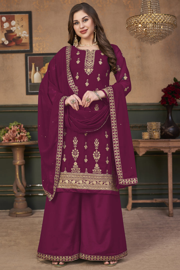 Burgundy Color Georgette Fabric Embroidered Festive Wear Pleasant Palazzo Suit