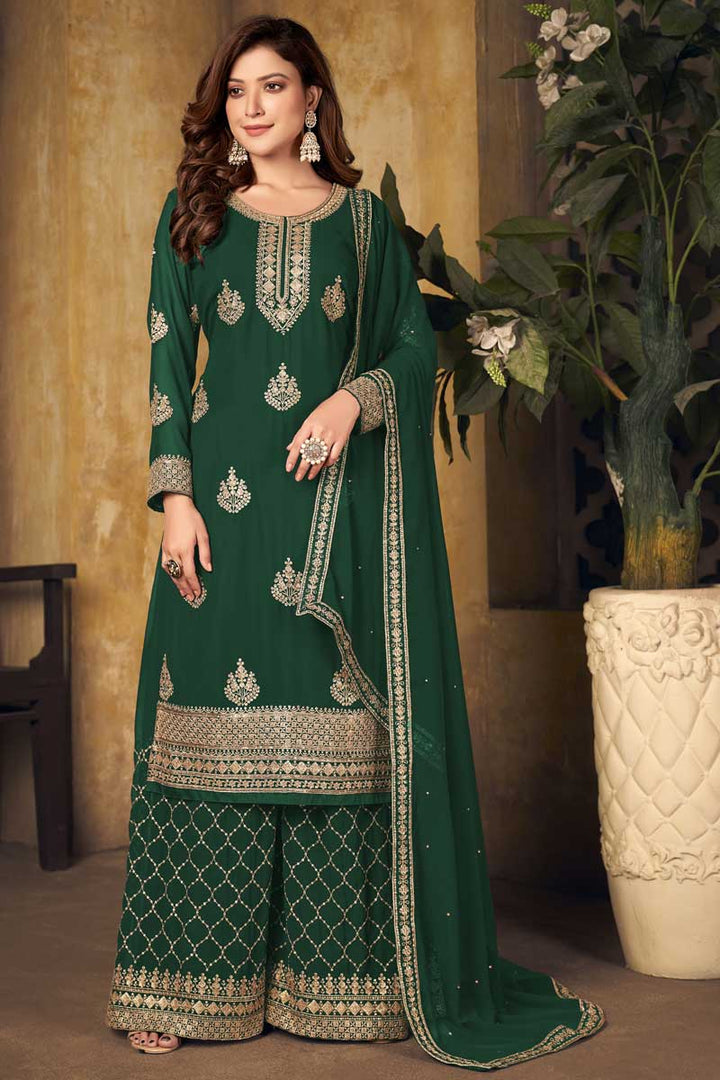 Elegant Dark Green Color Georgette Fabric Function Wear Palazzo Suit With Embroidered Work