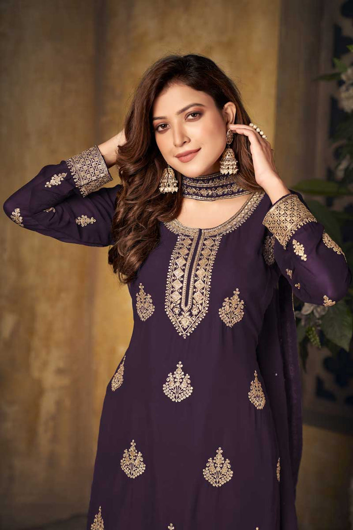 Georgette Fabric Attractive Purple Color Function Wear Palazzo Suit With Embroidered Work