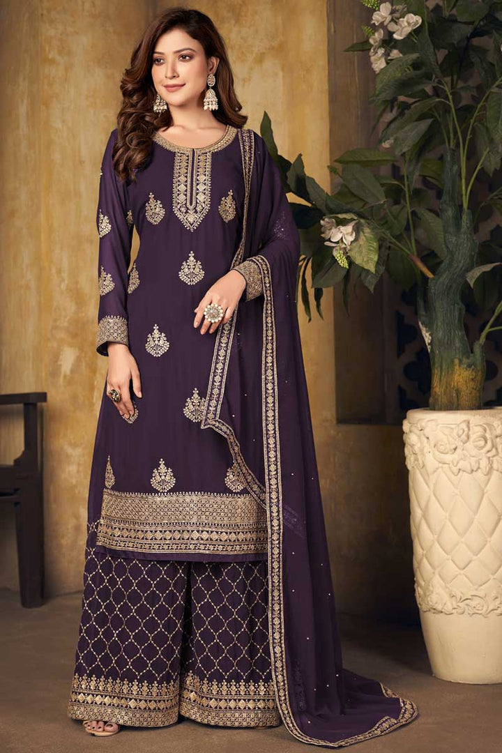 Georgette Fabric Attractive Purple Color Function Wear Palazzo Suit With Embroidered Work