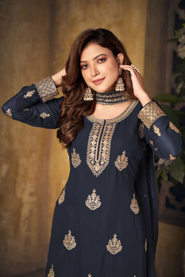 Navy Blue Color Alluring Georgette Fabric Function Wear Palazzo Suit With Embroidered Work