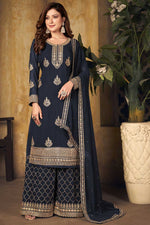 Load image into Gallery viewer, Navy Blue Color Alluring Georgette Fabric Function Wear Palazzo Suit With Embroidered Work
