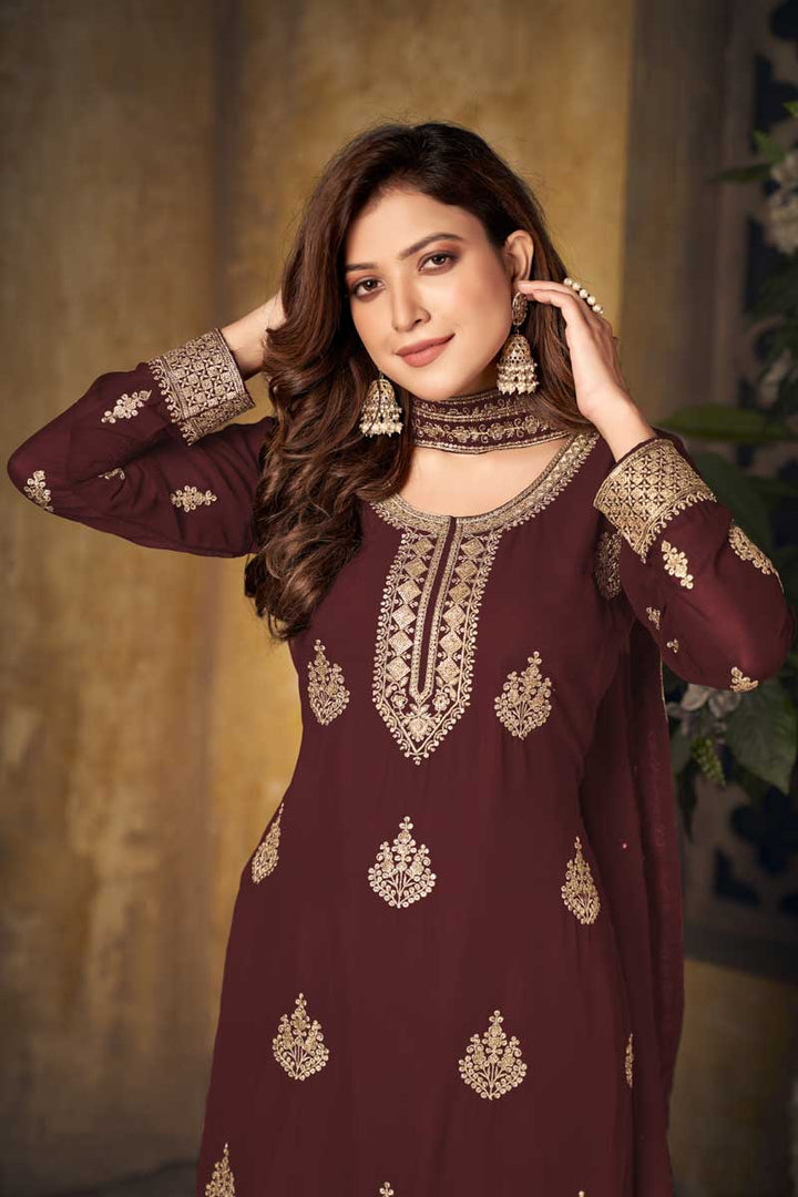Beautiful Maroon Color Georgette Fabric Function Wear Palazzo Suit With Embroidered Work